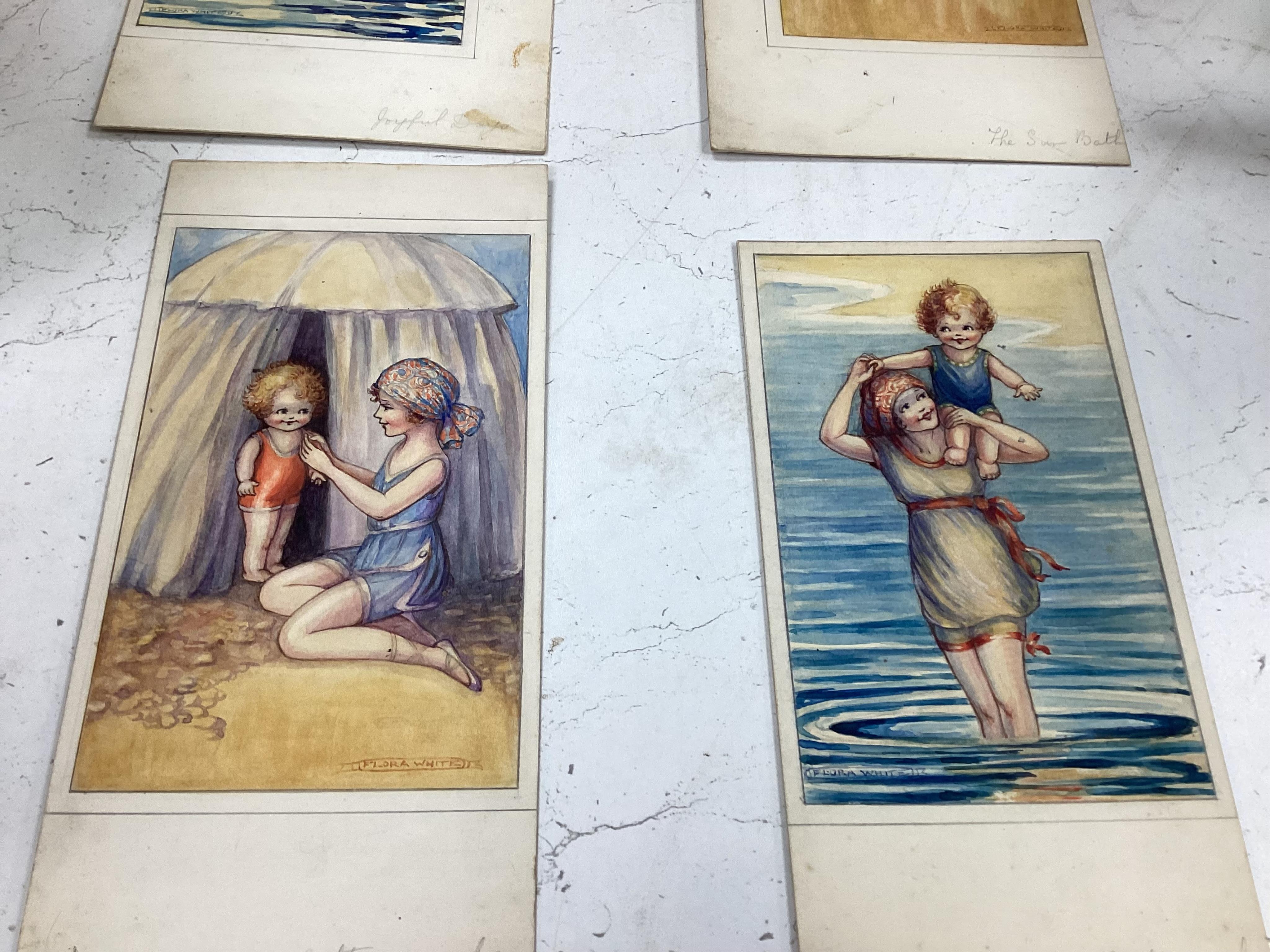 Flora White (1878-1953), a set of six original watercolours for children's postcard designs, Seaside Days, each signed, 25 x 17cm